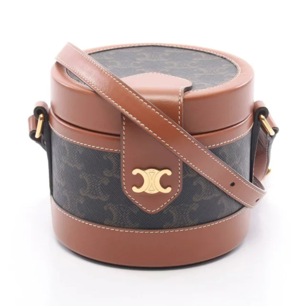Celine Tambour Triomphe Shoulder Bag Canvas Leather Black Brown
